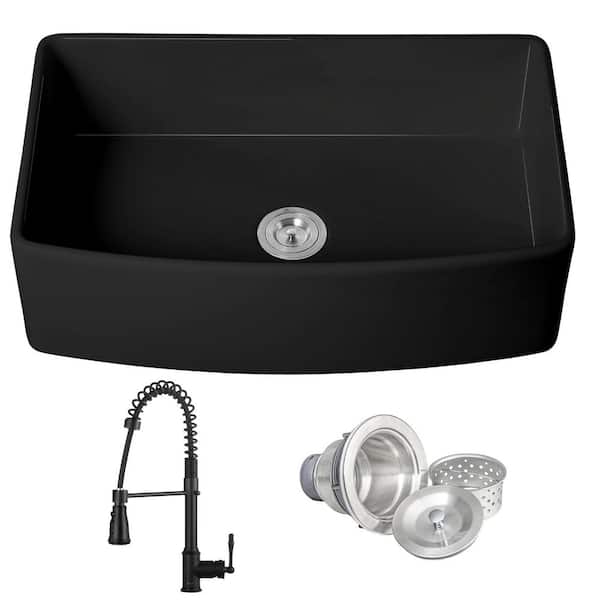 AKDY AK KS 33 in. Apron-Front Single Bowl Black Fireclay Kitchen Sink with Faucet and Basket Strainer
