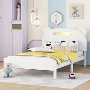 White Wood Frame Twin Size Platform Bed with Bear-Shaped Headboard, Motion Activated Night Lights
