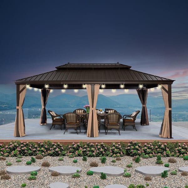 12 ft. x 20 ft. Bronze Patio Outdoor Gazebo for Backyard Hardtop Aluminum Frame Hooks, Netting, Khaki Curtain,36-Lights