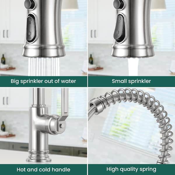 Single Handle 18 in. H Pull Down Sprayer Kitchen Faucet 360° Spout Swivel with Pull Out Spray in Brushed Nickel