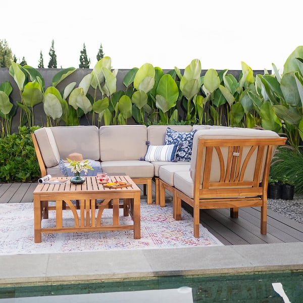 Kinsley 6-Piece Teak Wood Outdoor Patio Set in Beige Cushion