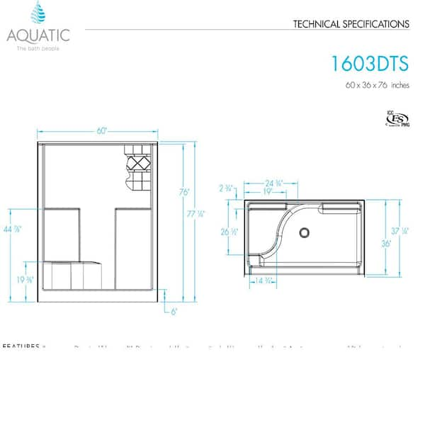 Aquatic Everyday 60 in. x 36 in. x 76 in. 1-Piece Shower Stall