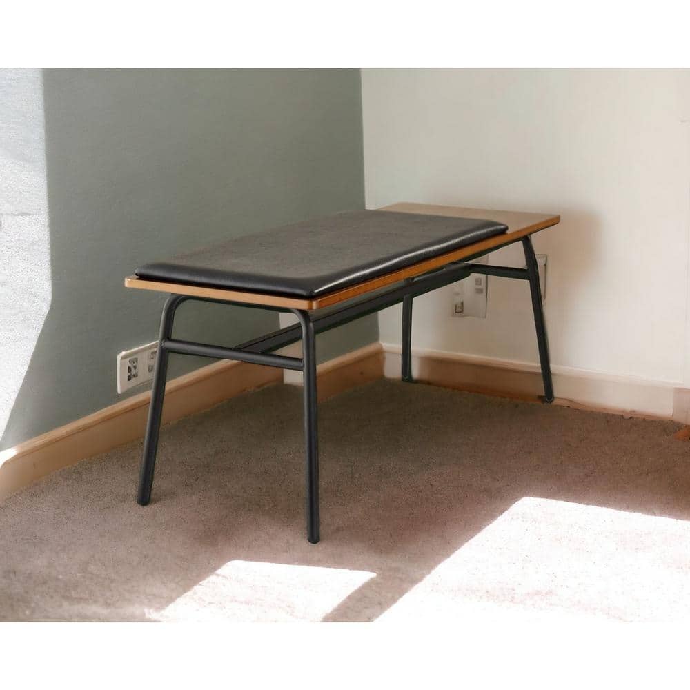 Walnut and Black Metal Upholstered Storage Bench