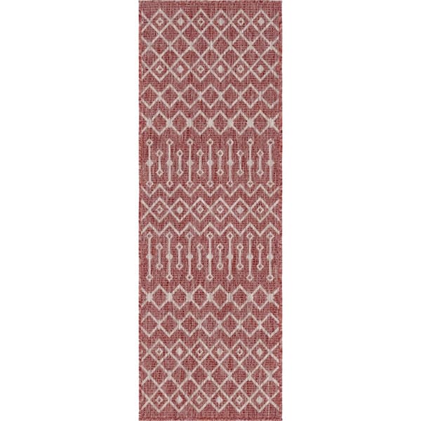 Rust Red/Gray Tribal Trellis Outdoor 2 ft. x 6 ft. Runner Rug
