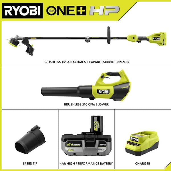 ONE+ HP 18V Brushless Cordless 15 in. String Trimmer & 130 MPH 510 CFM Leaf Blower Combo Kit w/ 4.0 Ah Battery & Charger