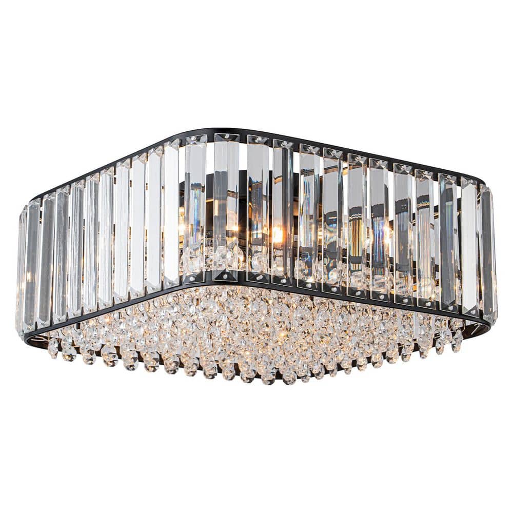 13.38 in. 4-Light Black Transitional Flush Mount Ceiling Light with Crystal