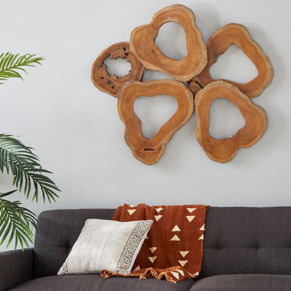 Litton Lane 42 in. x 37 in. Teak Wood Brown Handmade Live Edge Abstract Wall Decor