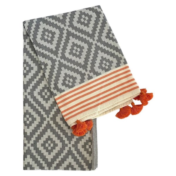 Gray/ Orange Geometric Cotton Throw Blanket