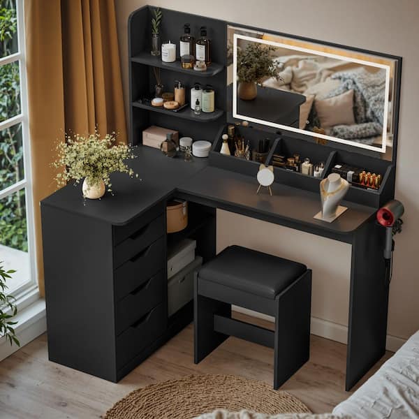 Corner Makeup Vanity Set with Lights and Mirror, 47 in. L Shaped Vanity Set with Cushioned Stool, Black