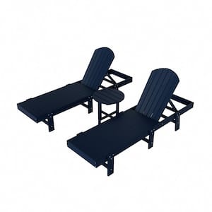 Altura 3PC Outdoor Patio Classic Adjustable Adirondack Backrest Chaise Lounge and 18 in. Round Side Table Set, Navy Blue