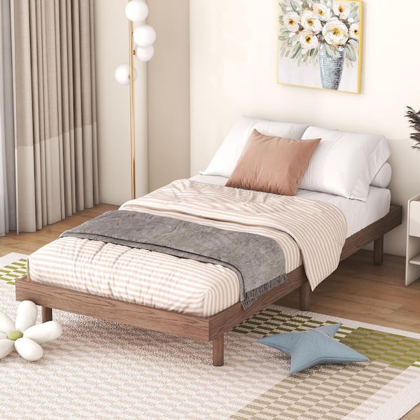 Qualler Walnut Brown Wood Frame Twin Size Platform Bed with Slats