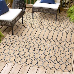 Ourika Moroccan Geometric Textured Weave Beige/Navy 3 ft. x 5 ft. Indoor/Outdoor Area Rug