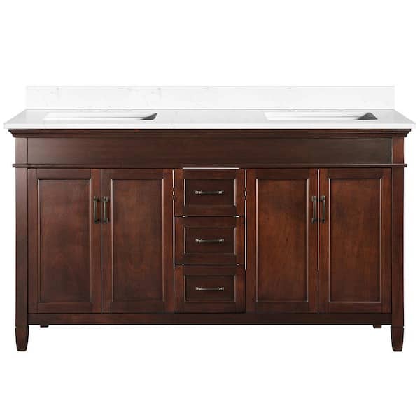 Home Decorators Collection Ashburn 61 in. W x 22 in. D Bath Vanity in Mahogany with Cala White Engineered Stone Top