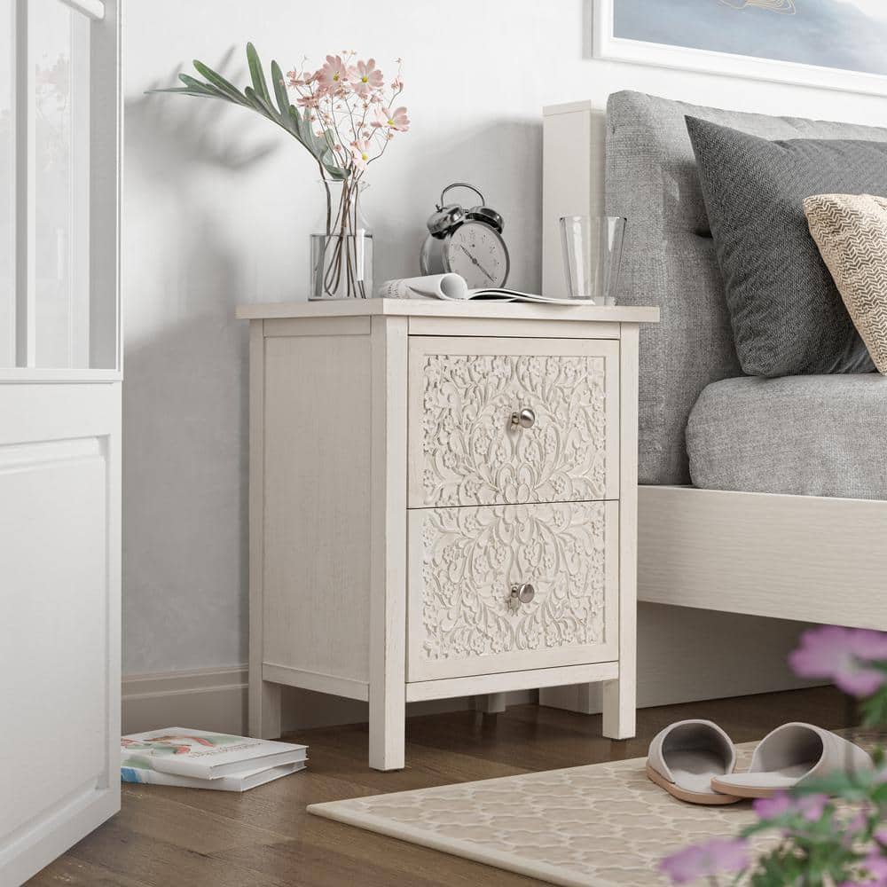 COZAYH Farmhouse Fully Assembled Nightstand with 2 Drawer Flower Motif End Table for Small Spaces French Country White 2 Drawer
