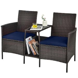 1-Piece Rattan Wicker Patio Conversation Set Sofa with Navy Cushions and Loveseat Glass Table