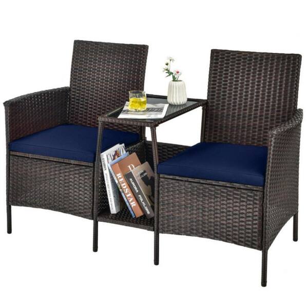 Clihome 1-Piece Rattan Wicker Patio Conversation Set Sofa with Navy Cushions and Loveseat Glass Table