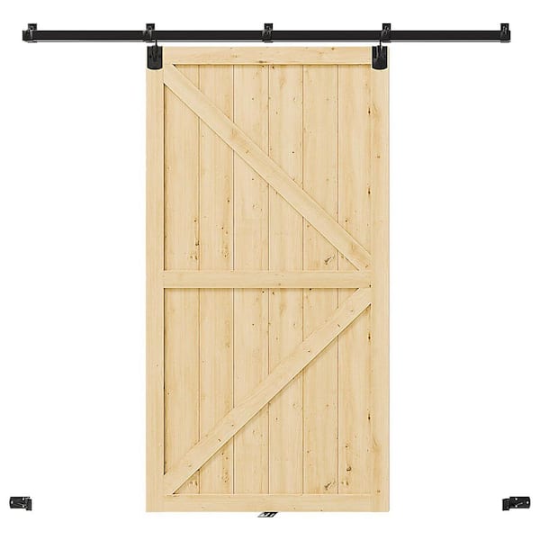 42 in. x 80 in. K-Shaped, Solid Pine Wood, Light Brown Primed Exterior Sliding Barn Door with Hardware Kit