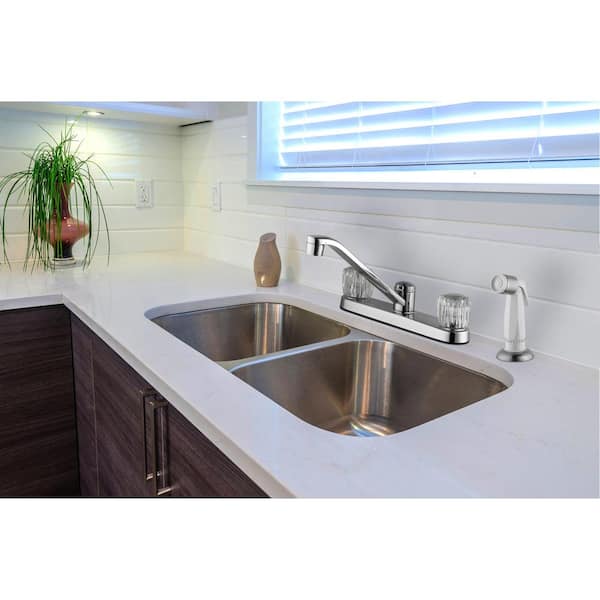 Aragon Double-Handle Standard Kitchen Faucet in Polished Chrome with White Side Sprayer