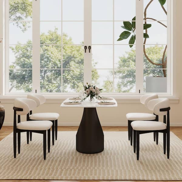 63 in. White Round Edge Sintered Stone Tabletop with Black Pedestal Dining Table (Seats 6)