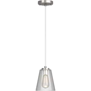 1-Light Brushed Nickel Mini Shaded Pendant Light with Clear Glass Shade