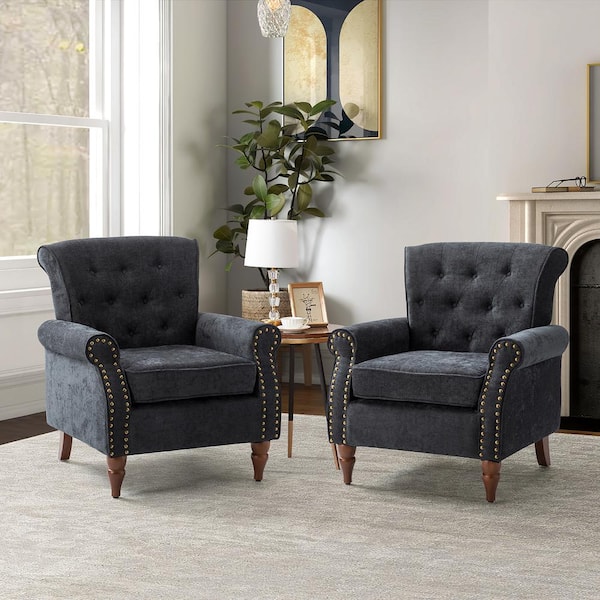 JAYDEN CREATION Aegina Charcoal Armchair with Nailhead Trim (Set of 2 ...