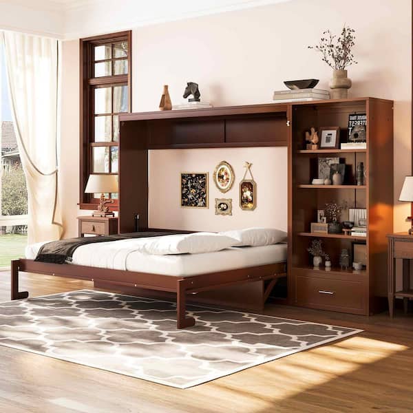 Walnut/Dark Brown Wood Frame Queen Murphy Bed with Height Adjustable Storage Compartments and Shelf, 1 Drawer