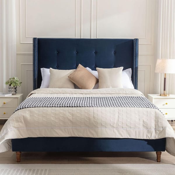 Blue Velvet Metal Frame King Size Platform Bed with Headboard, Buttoned Tufting and Wingback, Easy Assembly