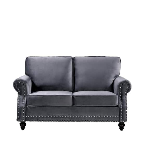 US Pride Furniture Ramos 61 in. W Gray Round Arm Velvet 2-Seats Nailhead Straight Lawson Sofa