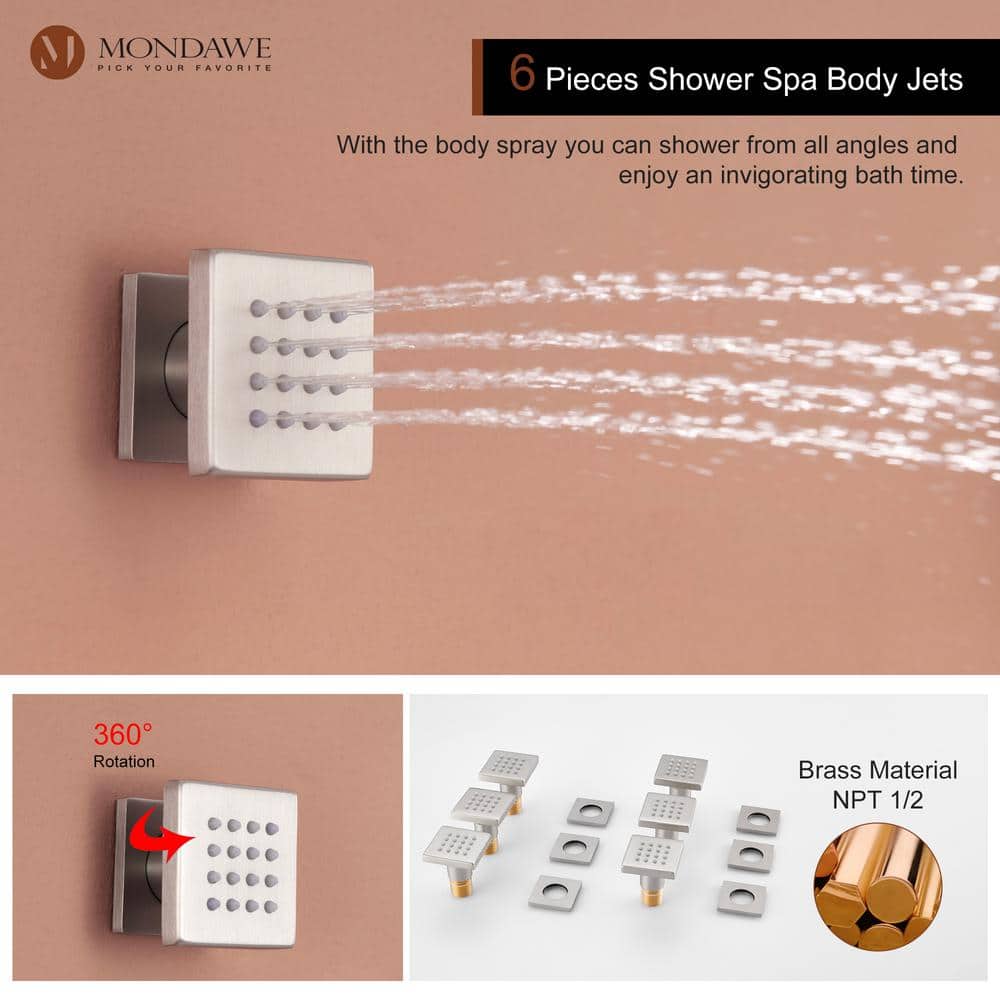 Brushed Nickel Ceiling Mounted Rain Shower System with Handheld and Body Jets