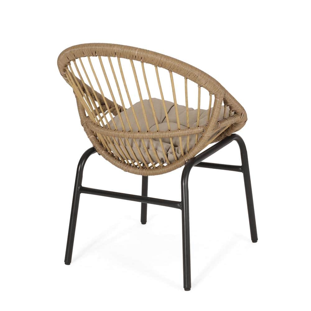 Light Brown and Beige Wicker Outdoor Dining Chairs with Cushions, Set of 2