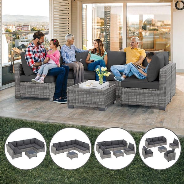 MIRAFIT Gray 7-Piece Wicker Patio Outdoor Sectional Furniture Set