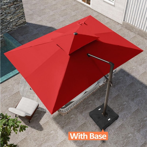 10 ft. x 13 ft. Heavy Duty Aluminum Cantilever Offset Tiltable 360° Rotation Patio Umbrella in Red and Umbrella Base