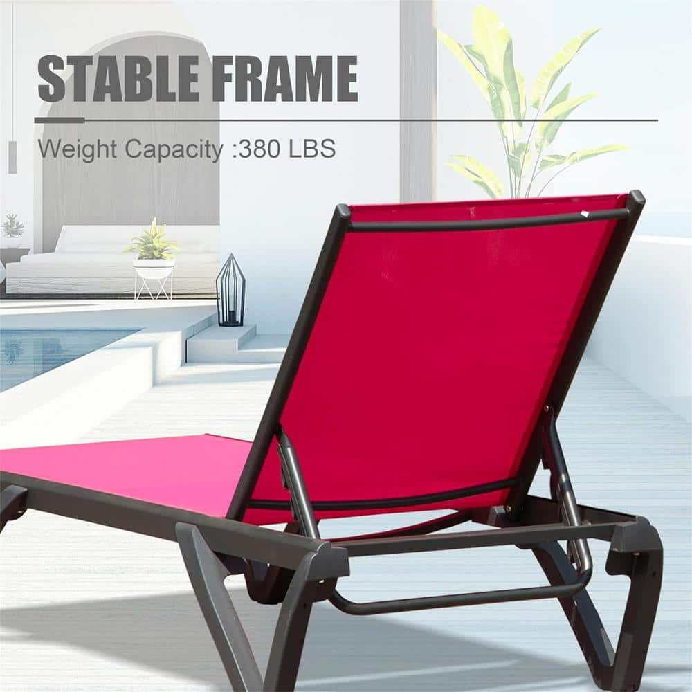 Pink Aluminum Armless Chaise Lounge Set with Rose Red Seat