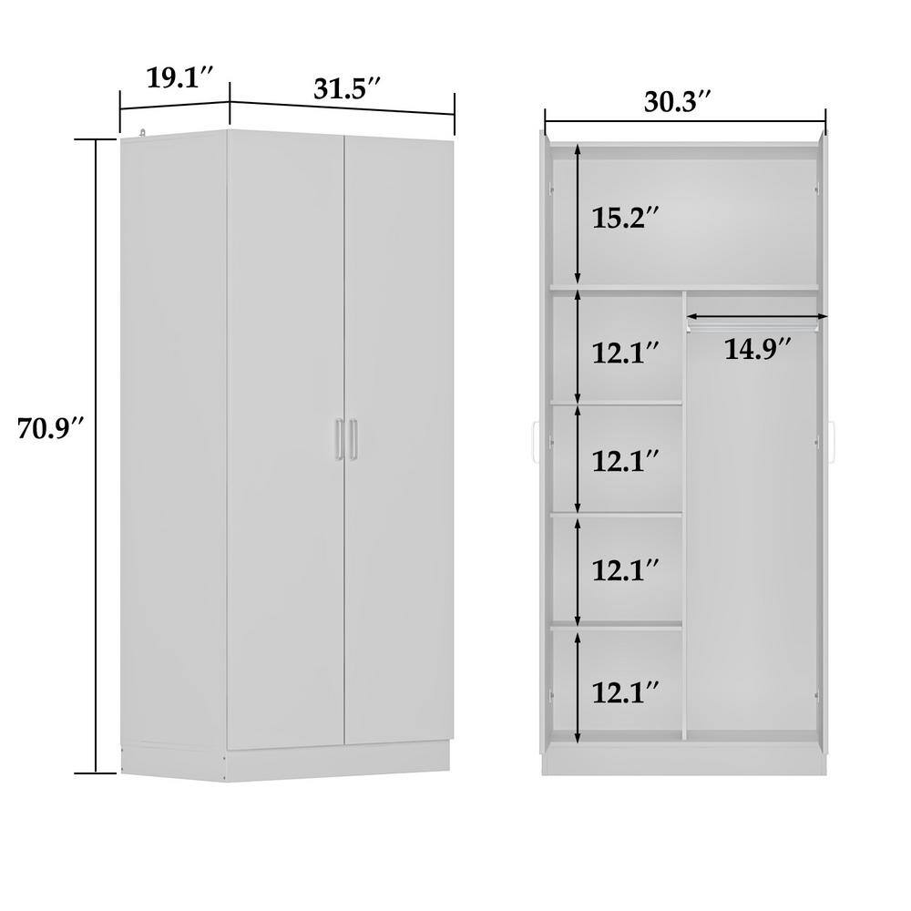 White 2-Doors Armoire Wardrobe with Hanging Rod and Storage Shelves 71 in. H x 31.5 in. W x 15.7 in. D - thumbnail 9