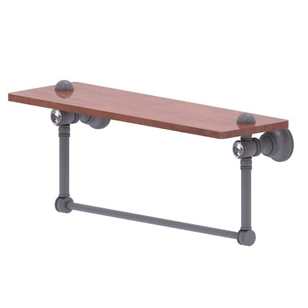 Allied Brass Carolina Crystal 16 in. W 7 in. H x 5.54 in. D Brass Rectangular Wood shelf with Integrated Towel Bar in Matte Gray