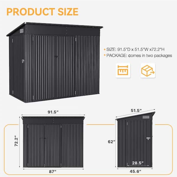 Sizzim Black 7 ft. W x 4 ft. D Outdoor Lean to Storage Metal Shed