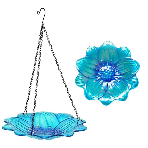 10 in. Blue Flower Design Hanging Glass Bird Bath