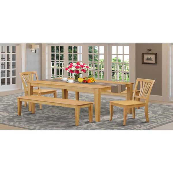 East West Furniture 5-Piece Rectangle Natural Oak Finish Solid Wood Top Dining Table with 2 Benches, 2 Chairs with Lattice Back
