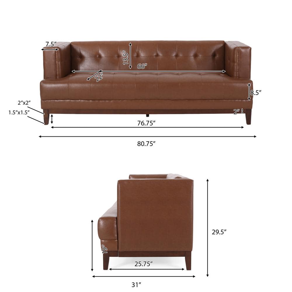 Cognac Brown Faux Leather Tufted Lawson Sofa with Wood Frame
