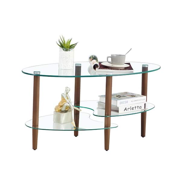 35.43 in. Modern Clear Oval Tempered Glass Coffee Table with 3-Tier Design & Brown Oak Wood Legs for Living Room
