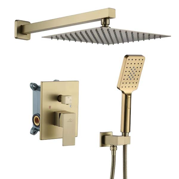 CASAINC 3-Spray Patterns with 2.5 GPM 10 in. Wall Mount Dual Shower Heads in Spot Resist Brushed Gold, Rough in Valve