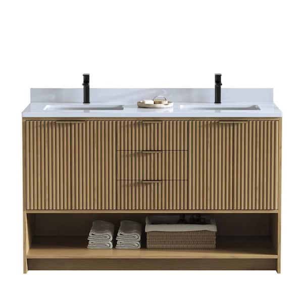 Jing Luxe 55 in. Double Freestanding Weather Fir Bath Vanity with White Engineered Stone Top Assembled