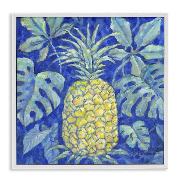 Stupell Industries Tropical Pineapple on Blue by Paul Brent White Framed Food Giclee Art Print 12 in. x 12 in.
