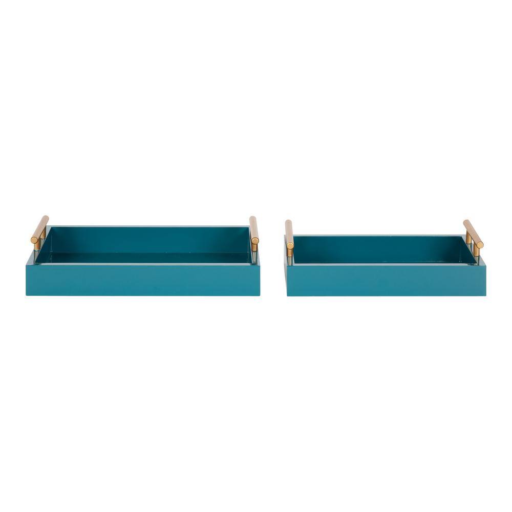Teal and Gold Rectangular Wood Tray Set with Metal Handles