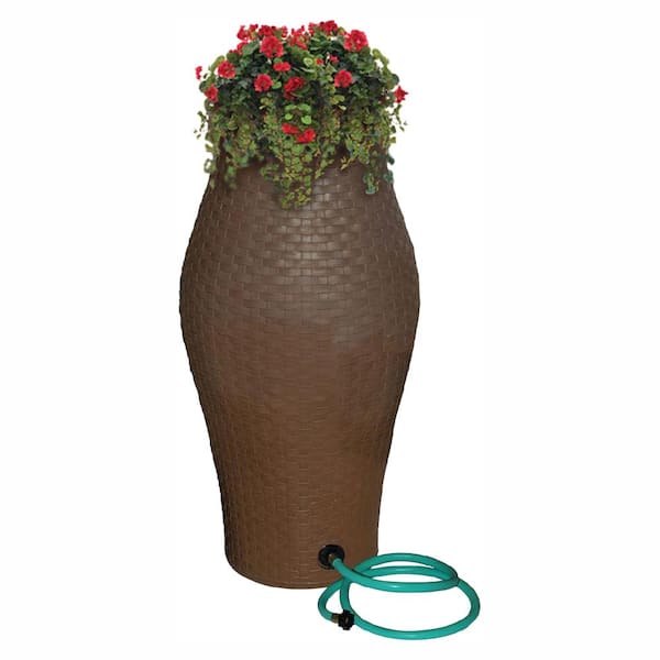 RESCUE 60 Gal. Basket Weave Rain Barrel with Integrated Planter and Diverter Kit