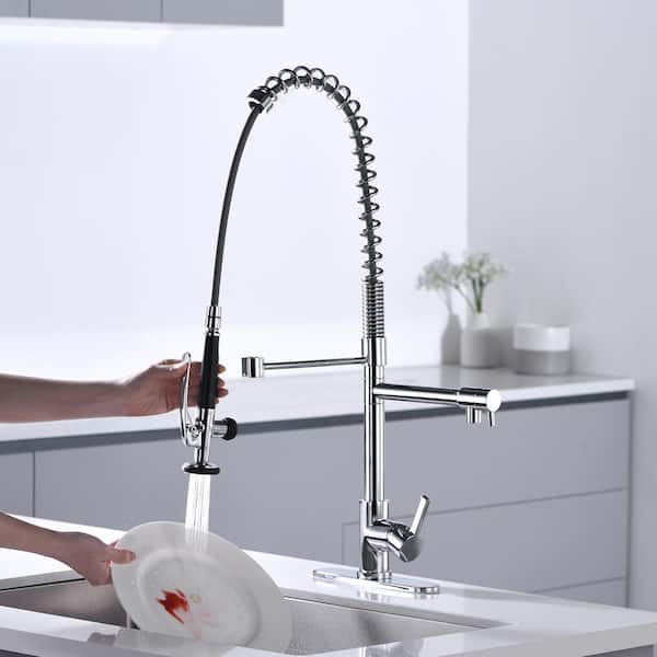 Commercial Deck Mount Double Handle Pull Down Sprayer Kitchen Faucet with Pre-Rinse, Soap Dispenser in Polished Chrome
