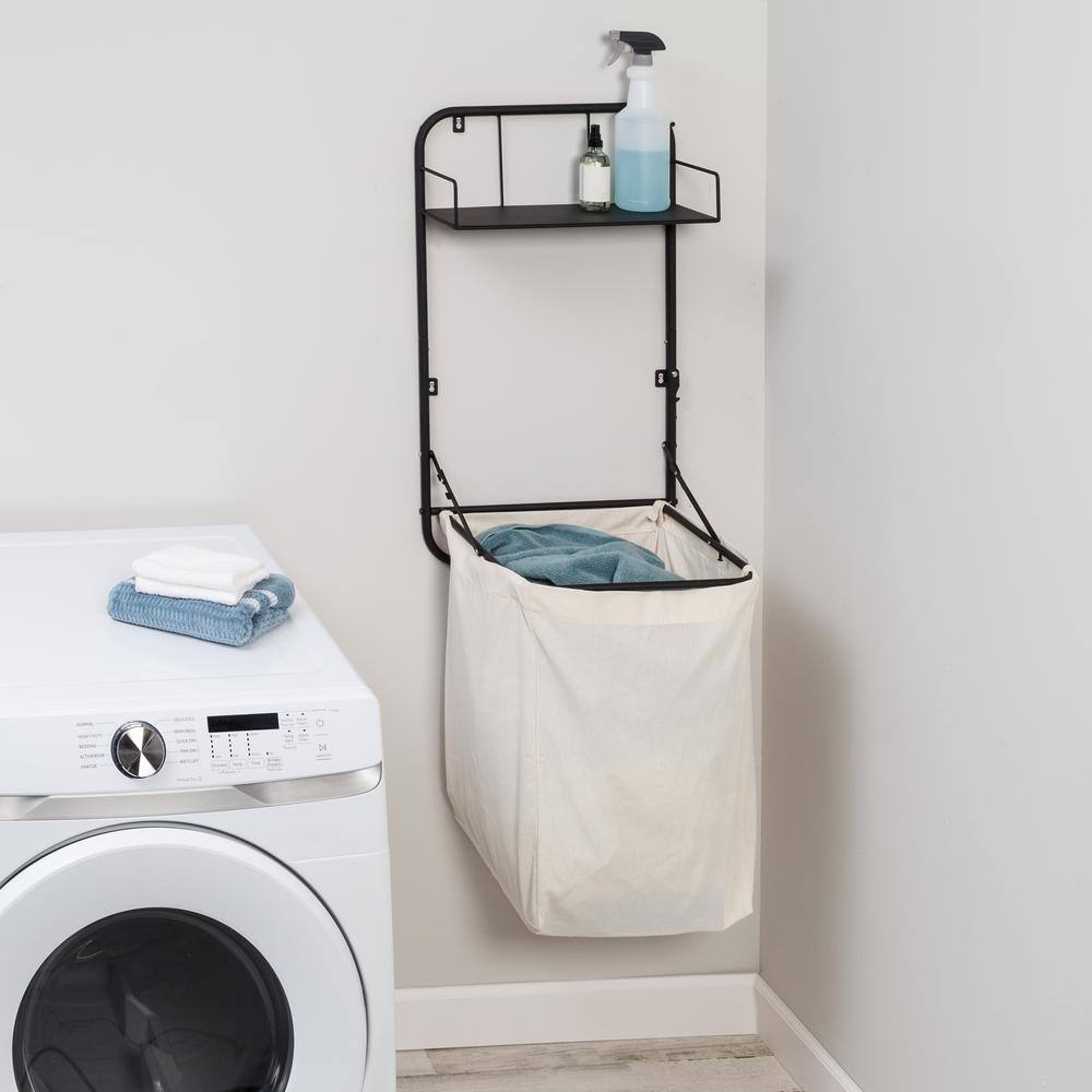 Black Collapsible Wall-Mounted Laundry Hamper with Shelf
