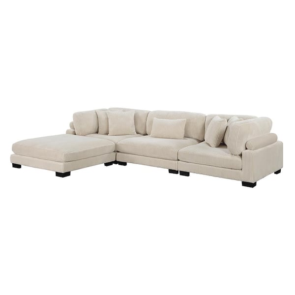 Lazzara Turbo 135 in. Straight Arm 4-Piece Corduroy Fabric Modular Sectional Sofa in Beige with Ottoman