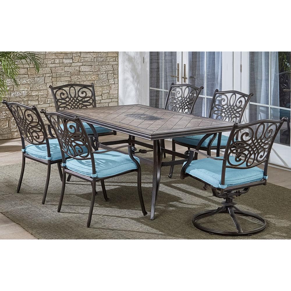 Monaco 7-Piece Aluminum Outdoor Patio Dining set with Blue Cushions -  Hanover, 091037882912