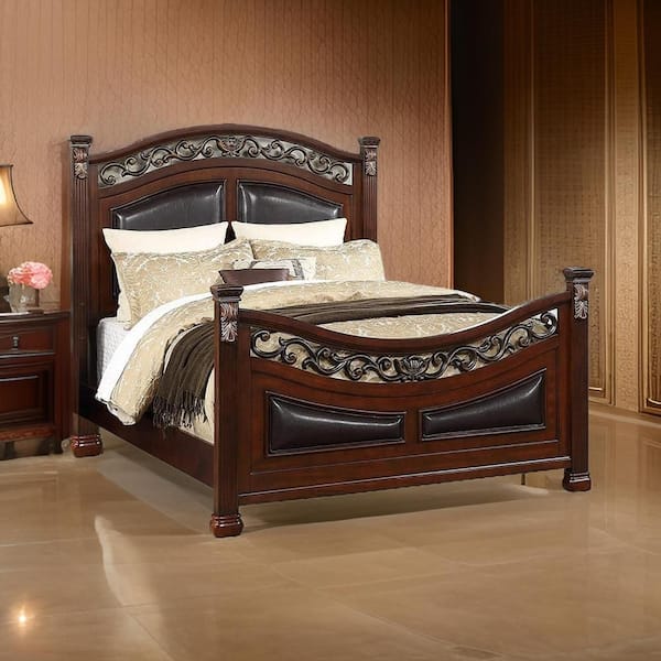 Meo Brown Pine Wood Frame Queen Platform Bed with Upholstered Headboard